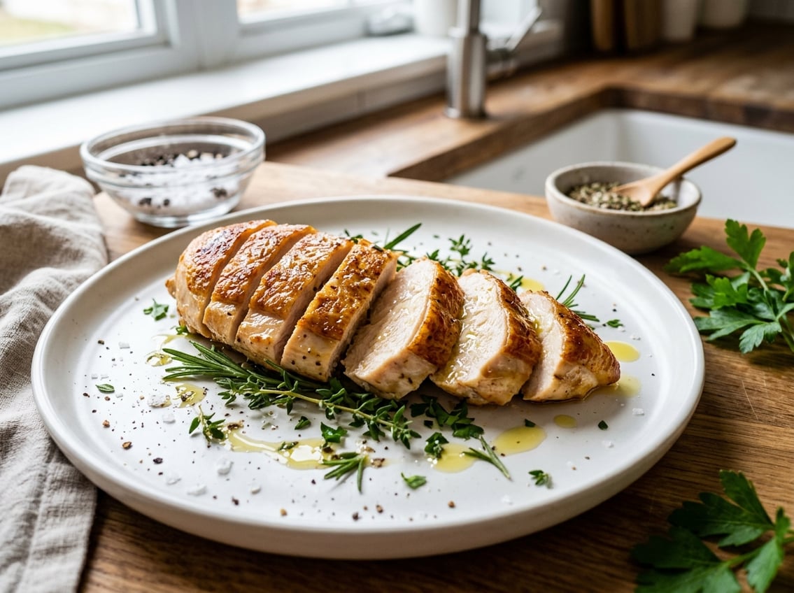 A sliced, juicy chicken breast garnished with fresh herbs on a white plate in a kitchen setting.