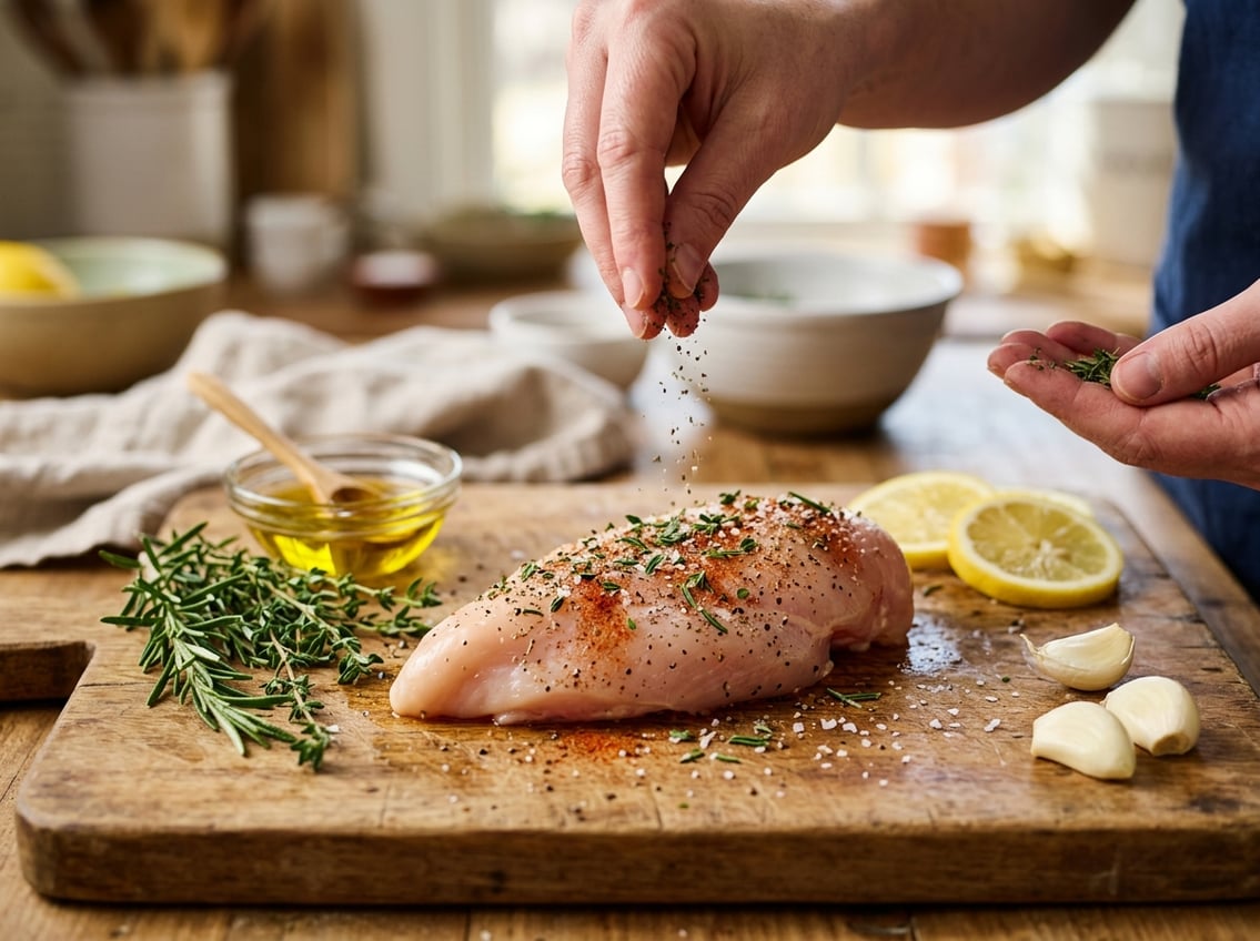 Close-up of a raw chicken breast on a wooden cutting board being seasoned with herbs and surrounded by fresh ingredients like lemon, garlic, and olive oil.