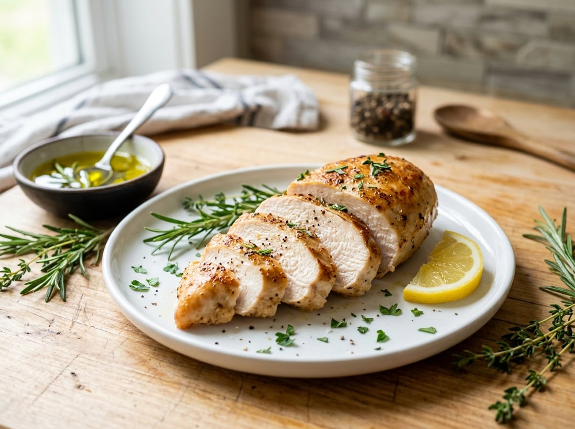A sliced cooked chicken breast on a white plate with fresh herbs and lemon wedge on a kitchen countertop.