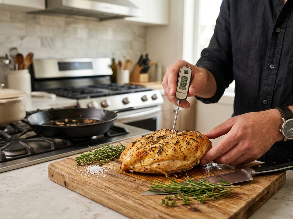 A person checking the doneness of a cooked chicken breast with a meat thermometer on a cutting board with herbs in a kitchen.