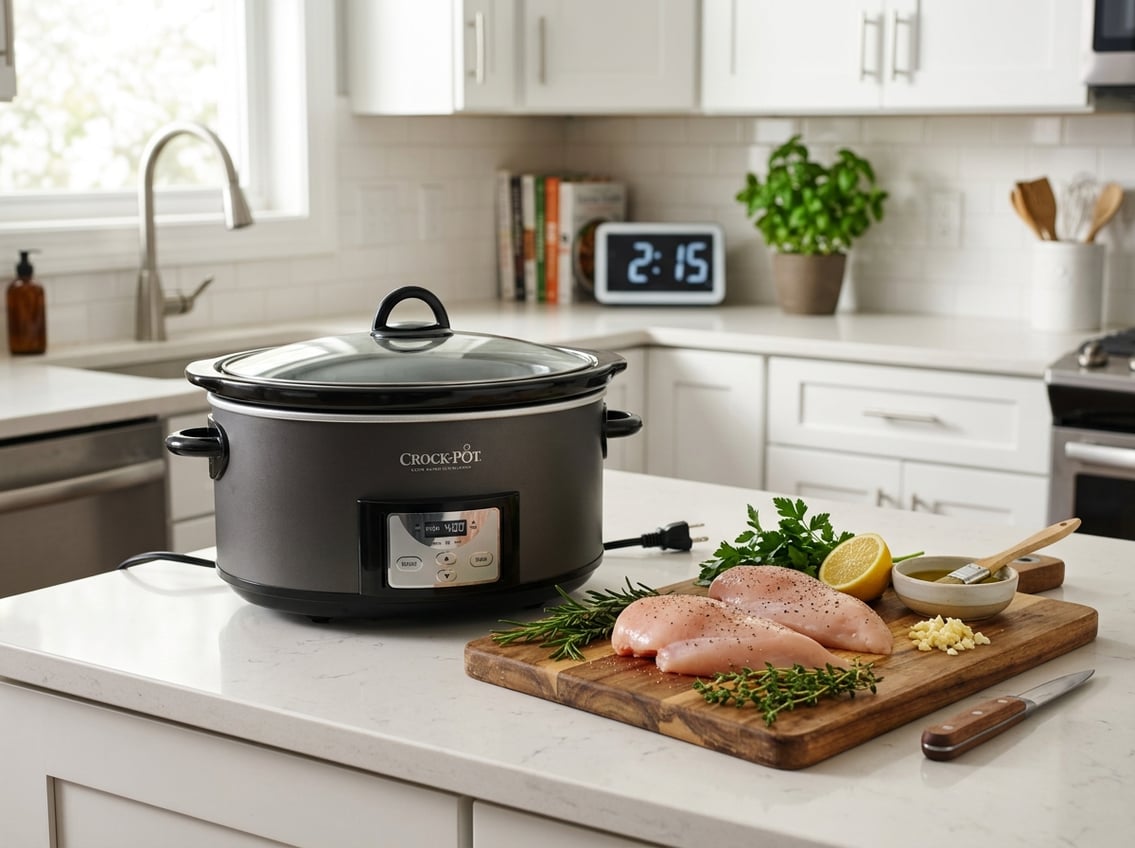 A kitchen countertop with a crock pot, a raw chicken breast on a cutting board, and fresh herbs nearby.