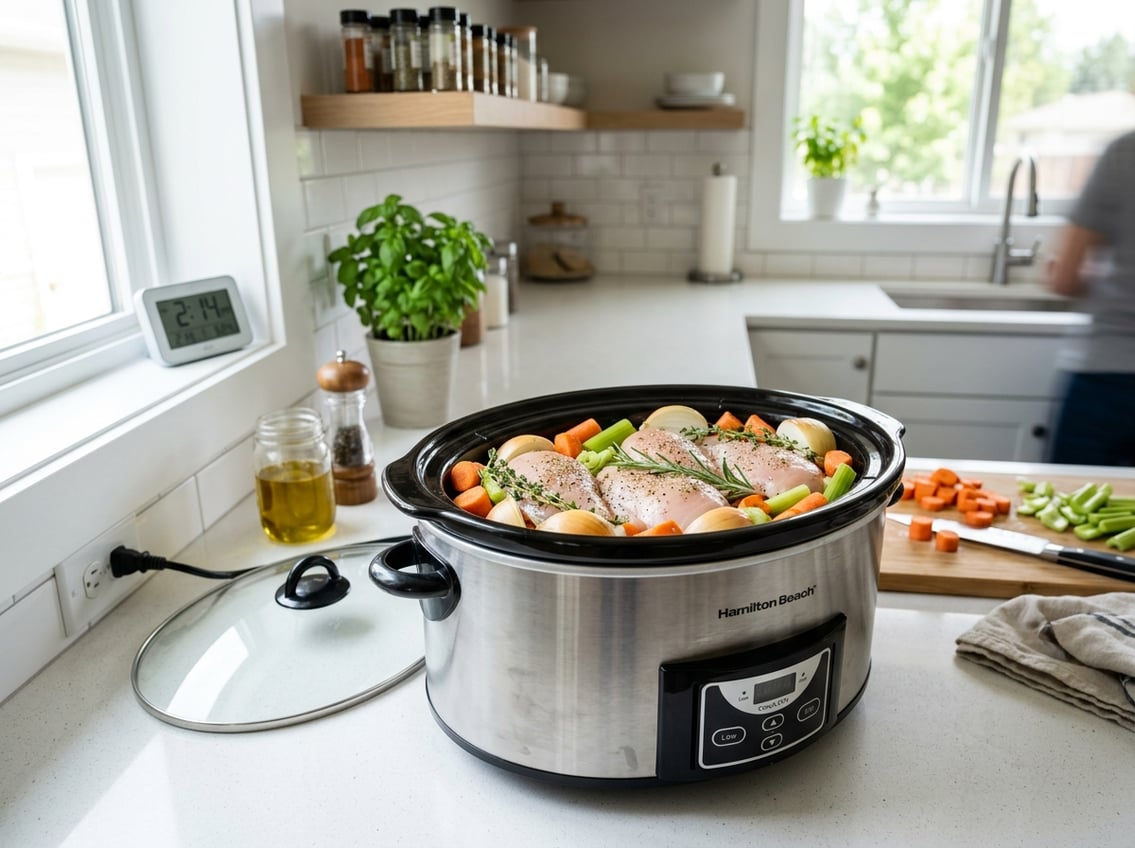A slow cooker with raw chicken breasts and vegetables on a kitchen countertop with a digital timer in the background.