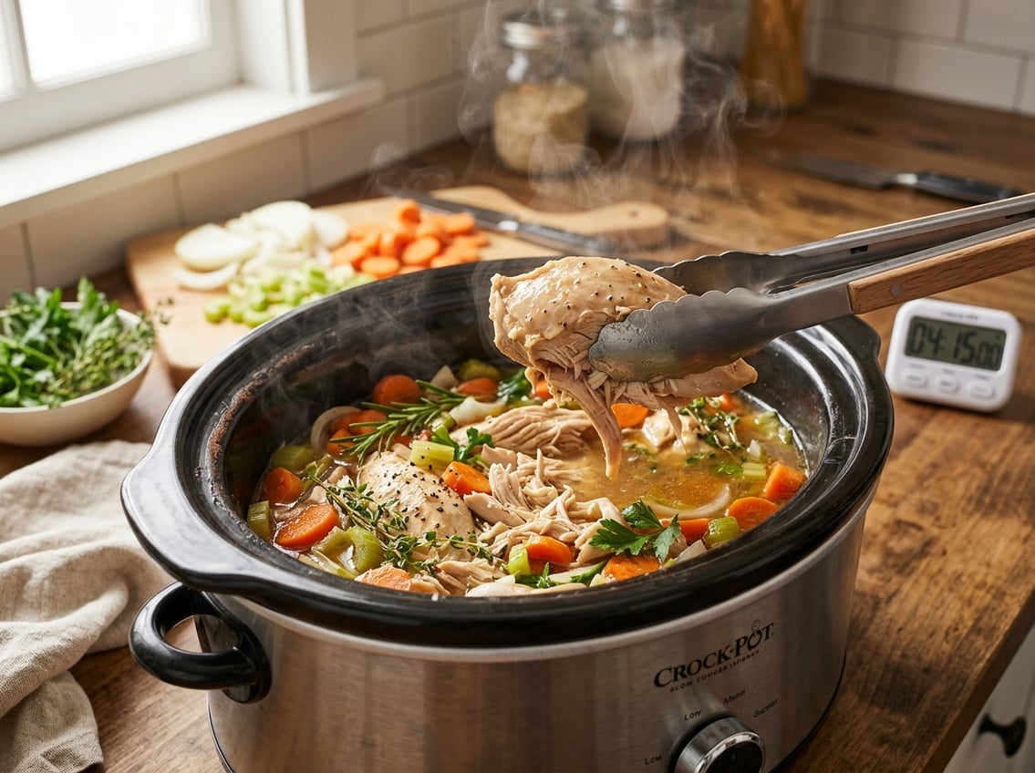 Close-up of a slow cooker with tender chicken breasts cooking inside, surrounded by vegetables and herbs in a kitchen setting.