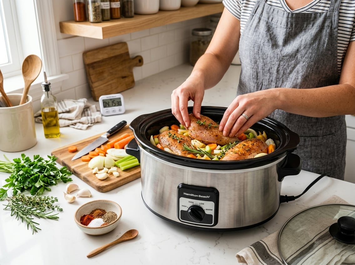 A slow cooker with chicken breasts inside on a kitchen countertop surrounded by fresh ingredients and cooking utensils.
