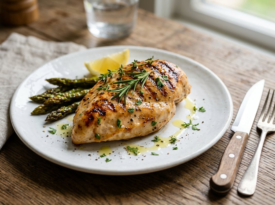 A cooked chicken breast on a plate garnished with fresh herbs and a carving knife and fork beside it.