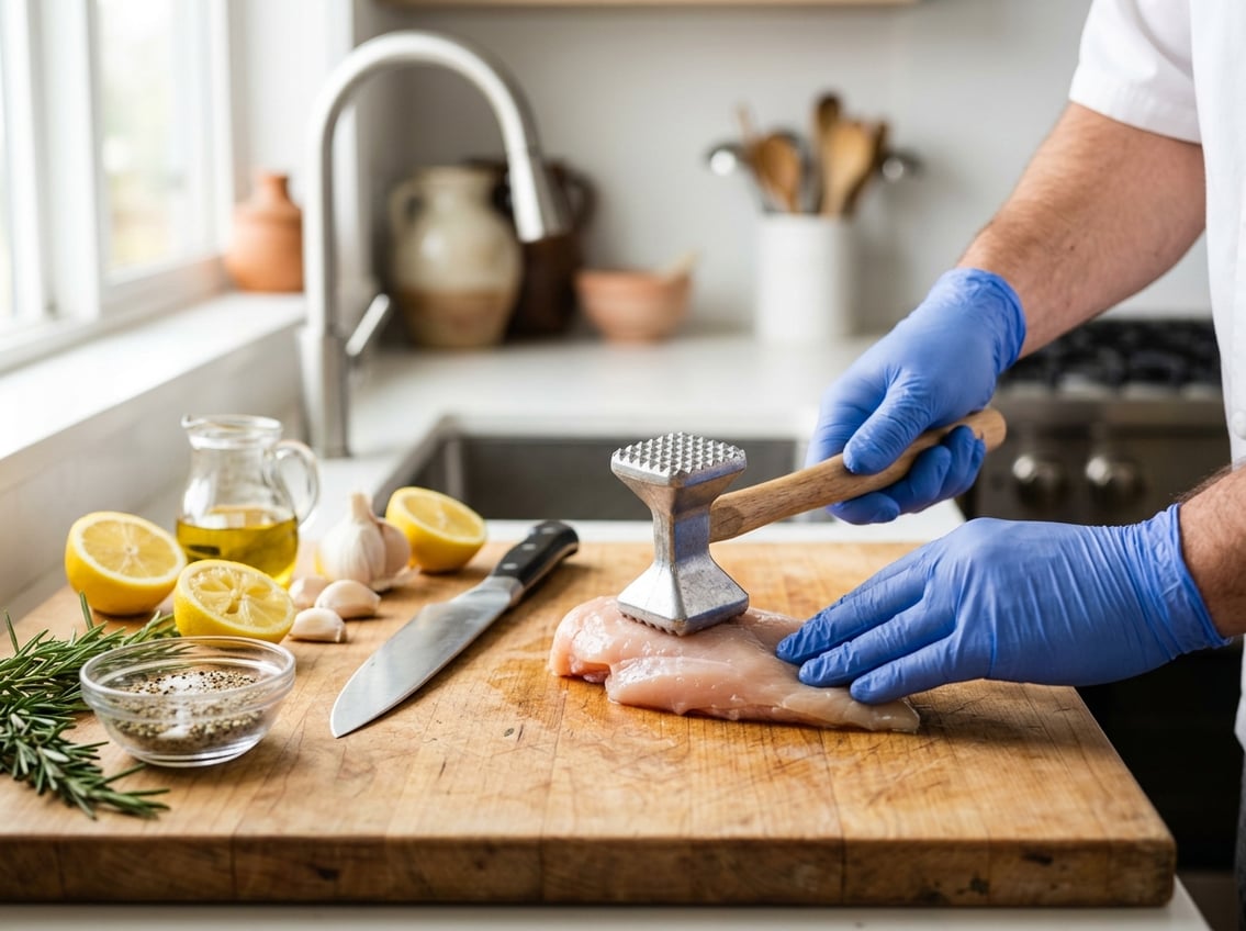 Hands tenderizing raw chicken breasts on a cutting board surrounded by fresh ingredients like lemon, rosemary, garlic, and olive oil in a kitchen setting.