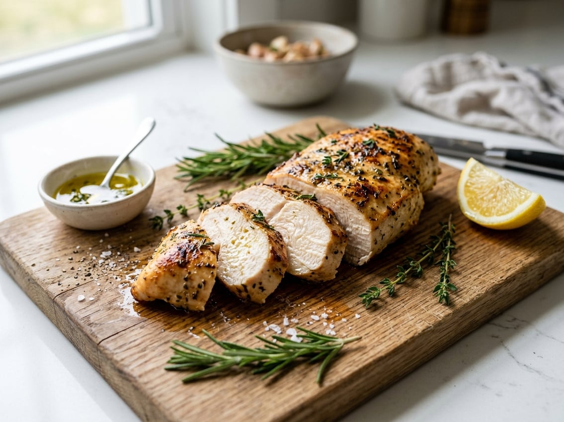 Sliced cooked chicken breast on a cutting board with fresh herbs and lemon wedge nearby.