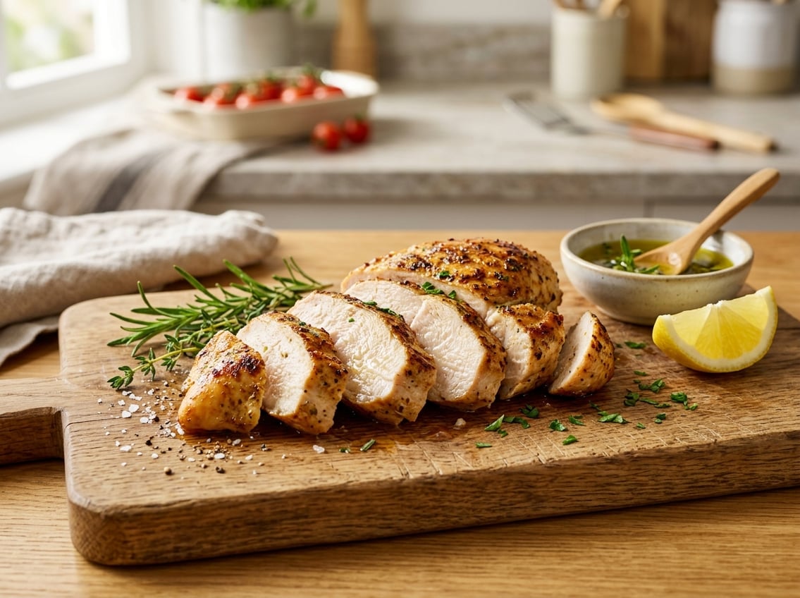 Sliced cooked chicken breast on a cutting board with fresh herbs, lemon wedge, and olive oil in a bright kitchen.