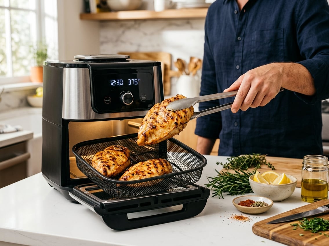 A cooked chicken breast being removed from an open air fryer basket in a kitchen with fresh herbs and lemon wedges nearby.