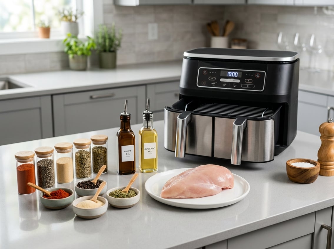 A kitchen countertop with a raw chicken breast on a plate surrounded by seasoning jars, spices, cooking oils, and an air fryer in the background.