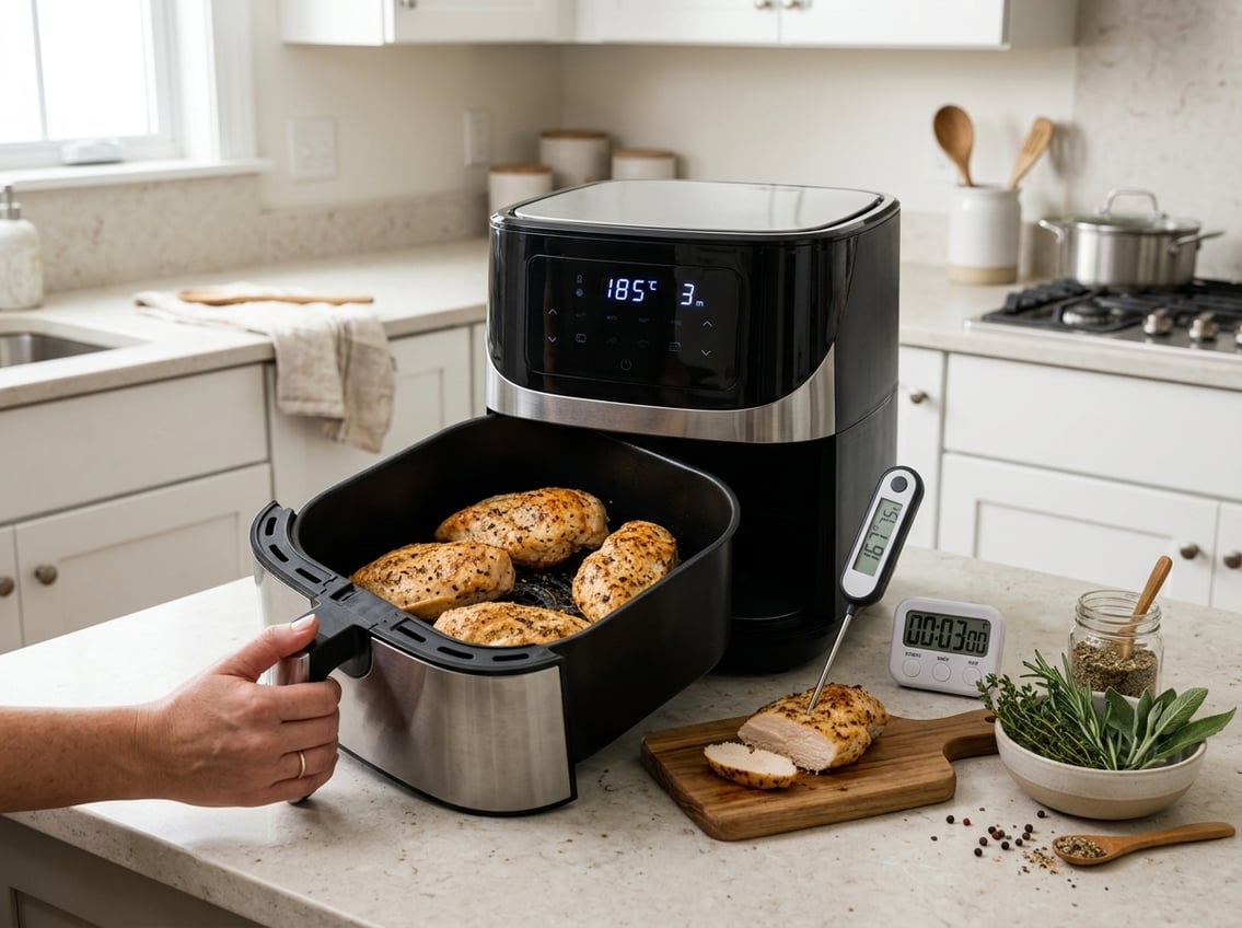 Cooked chicken breasts in an air fryer basket on a kitchen countertop with a digital timer, meat thermometer, and fresh herbs nearby.