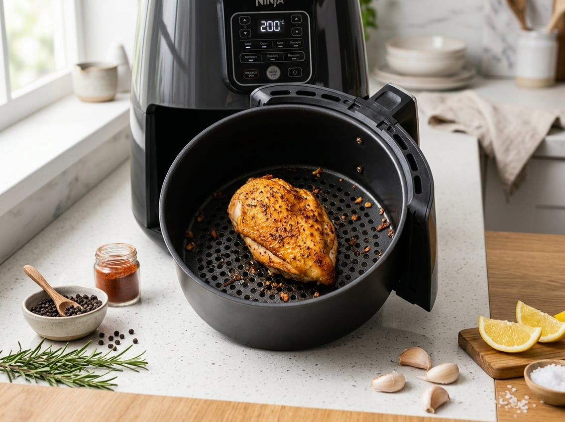 Cooked chicken breast inside an open air fryer basket with fresh herbs and seasonings on a kitchen countertop.