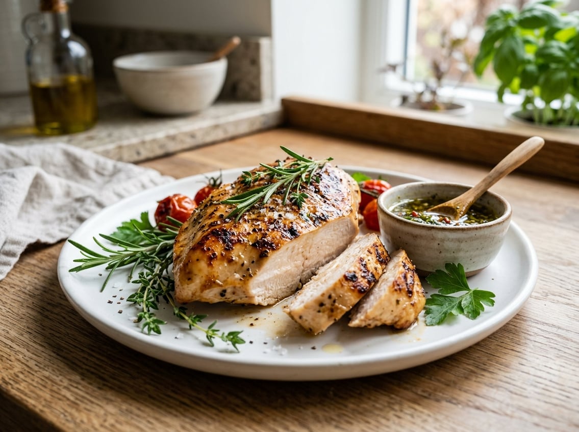 A cooked chicken breast on a white plate garnished with fresh herbs and a small dish of sauce on a kitchen countertop.