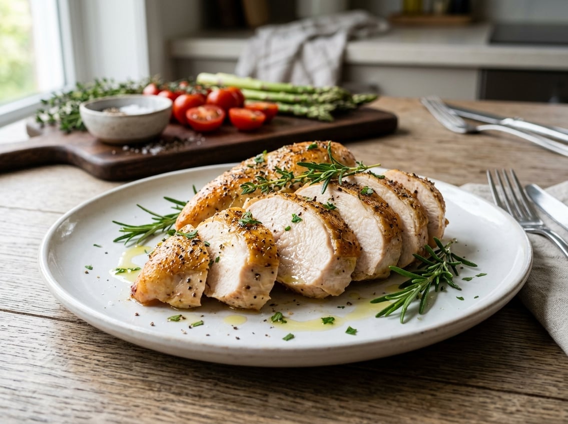 A sliced cooked chicken breast garnished with herbs on a white plate on a wooden table in a kitchen setting.