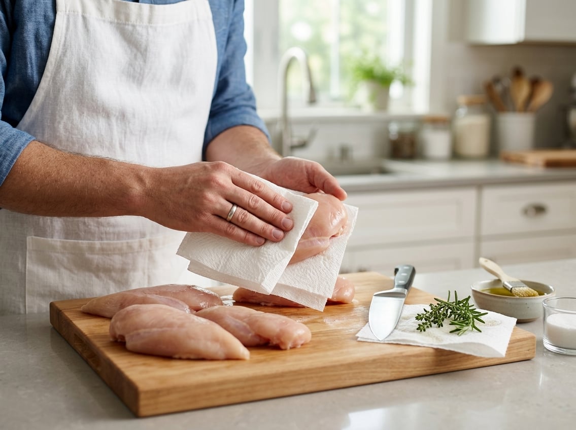 Hands preparing raw chicken breasts on a kitchen counter with herbs and cooking tools nearby.