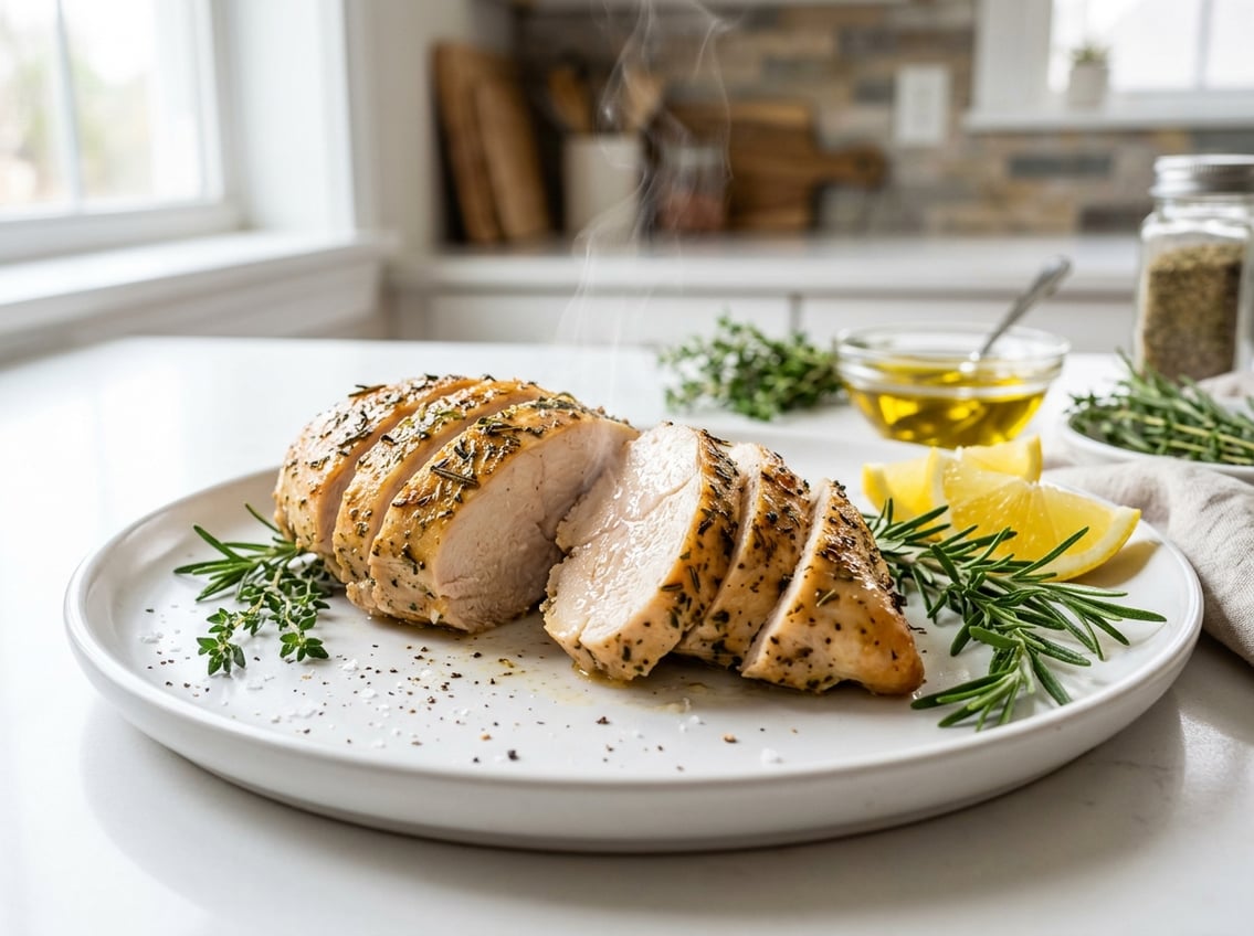 Sliced cooked chicken breast on a white plate with fresh herbs and lemon wedges in a bright kitchen.