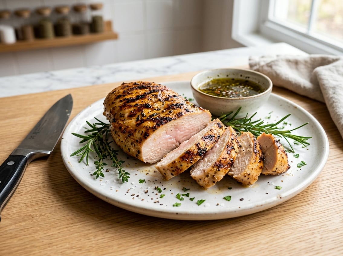 A sliced, juicy chicken breast on a white plate with fresh herbs and a chef's knife on a kitchen countertop.