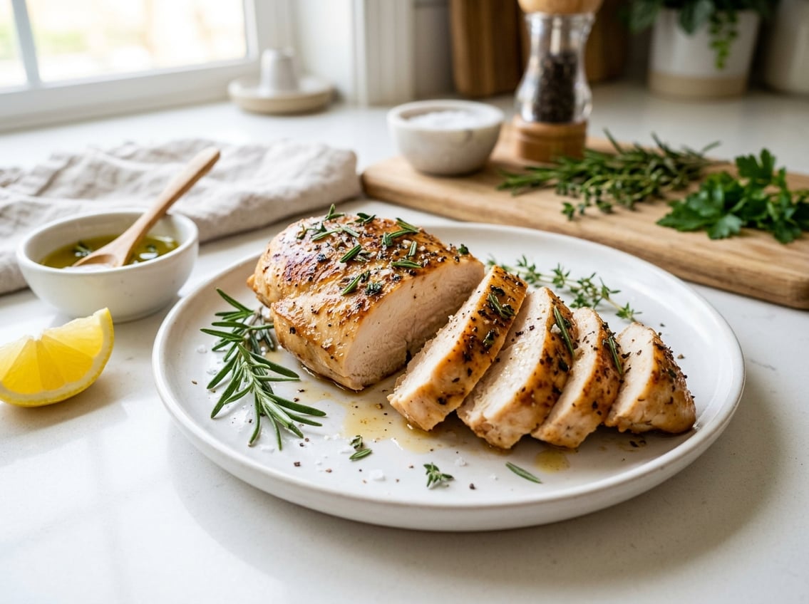 A sliced, juicy chicken breast on a white plate with fresh herbs and a lemon wedge on a kitchen countertop.