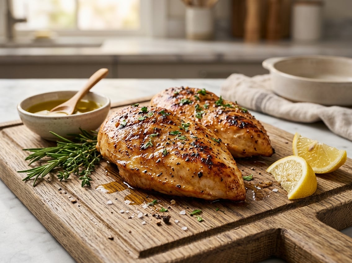 Close-up of juicy cooked chicken breasts on a wooden board with fresh herbs and lemon slices in a kitchen setting.