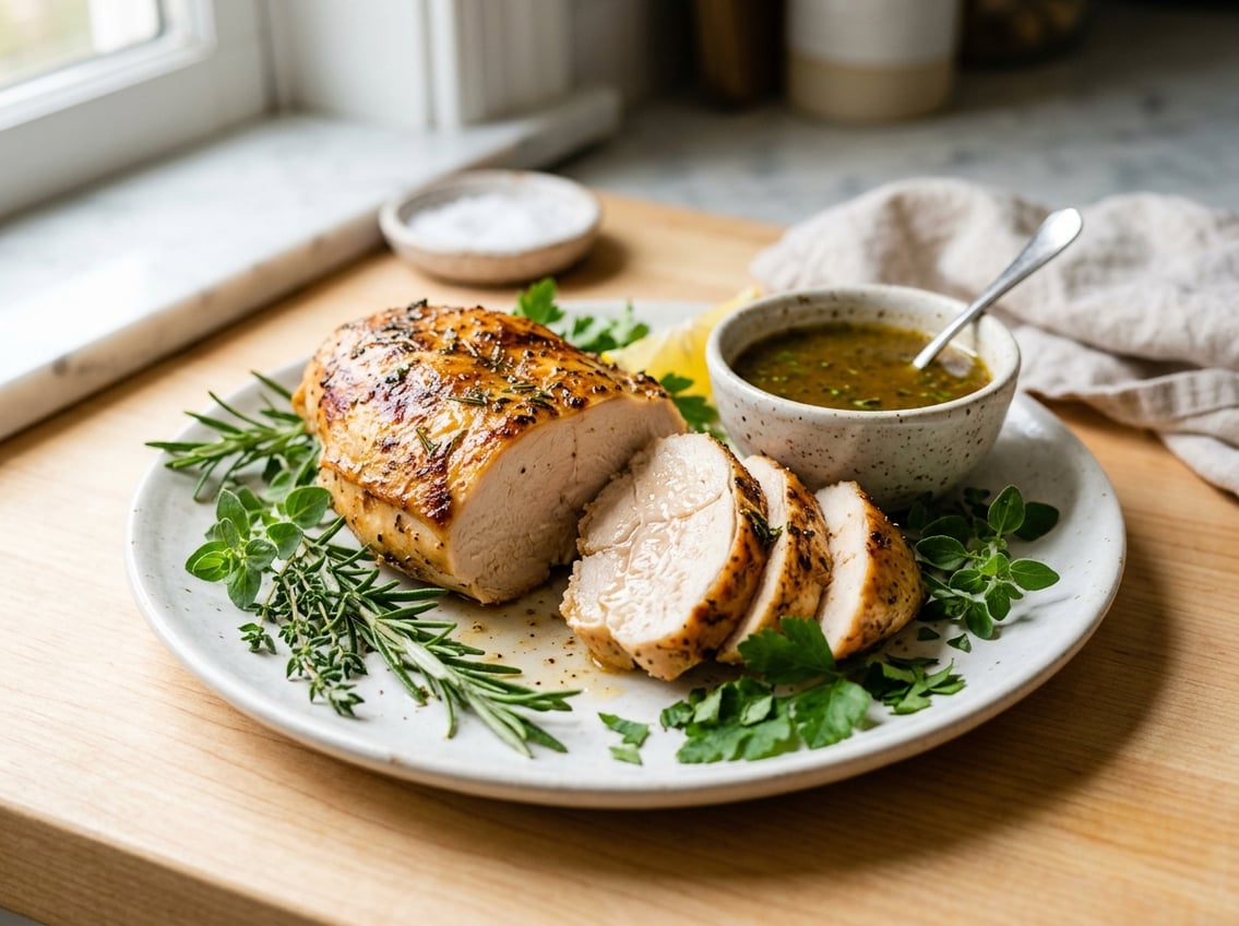 Sliced cooked chicken breast on a white plate with fresh herbs and sauce on a kitchen countertop.