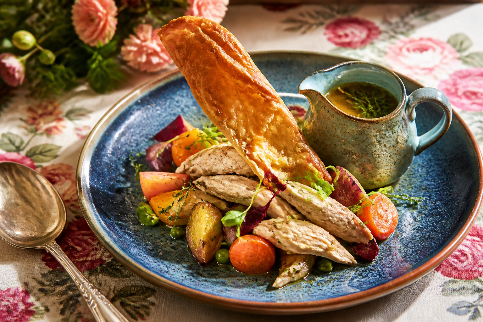 () vibrant food photography showing a beautifully plated modern interpretation of classic comfort food: deconstructed