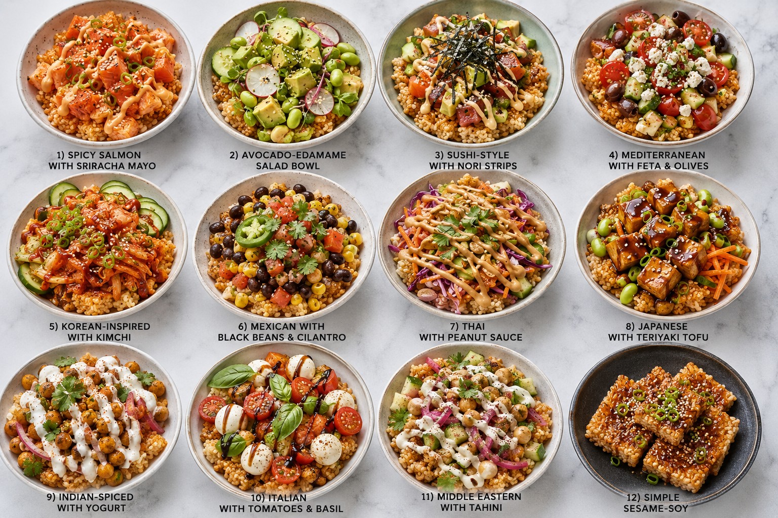 () vibrant overhead flat lay composition showing twelve different crispy rice bowl and snack variations arranged in a grid