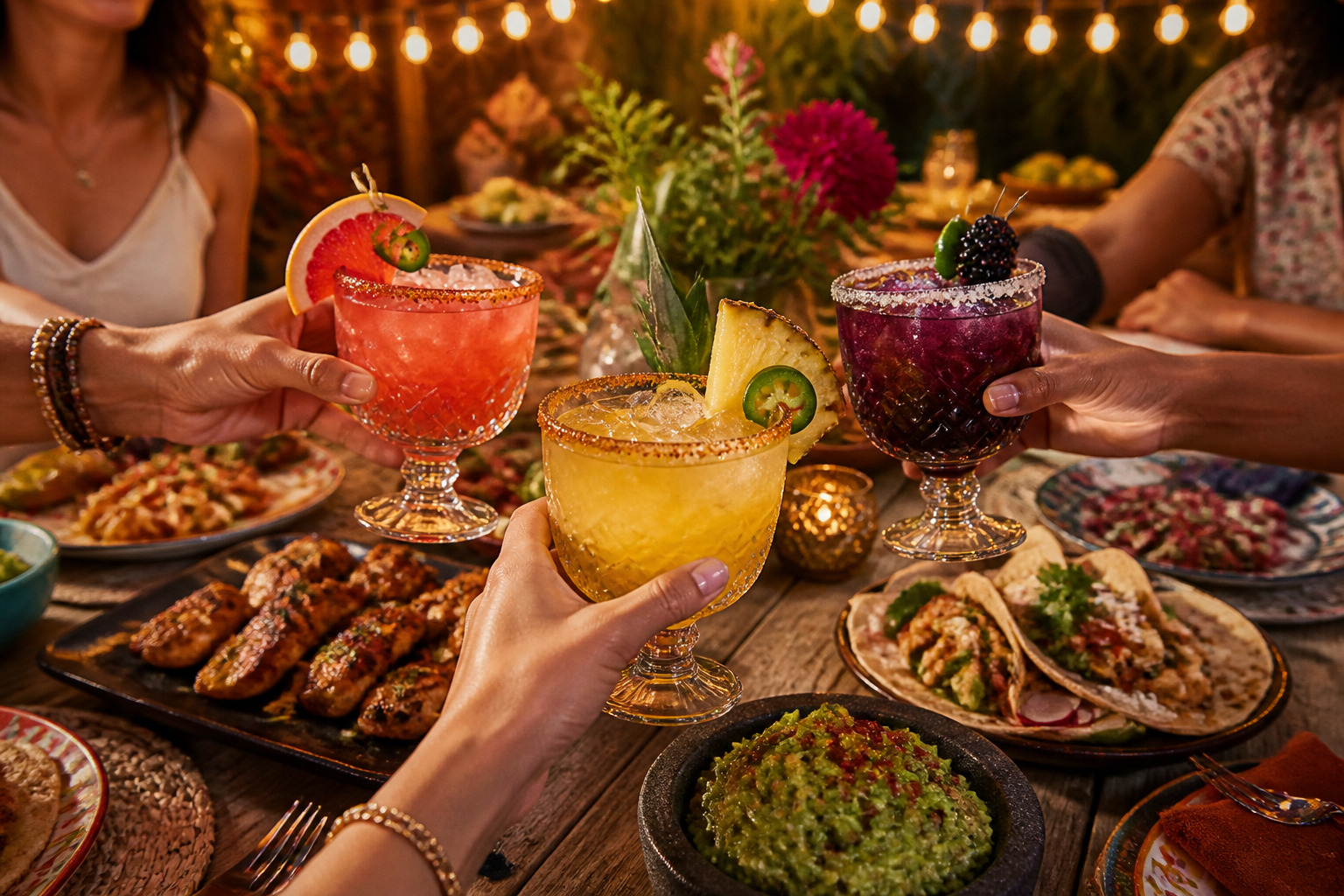 () vibrant party scene showing elegant dining table set for entertaining with multiple spicy margarita variations in