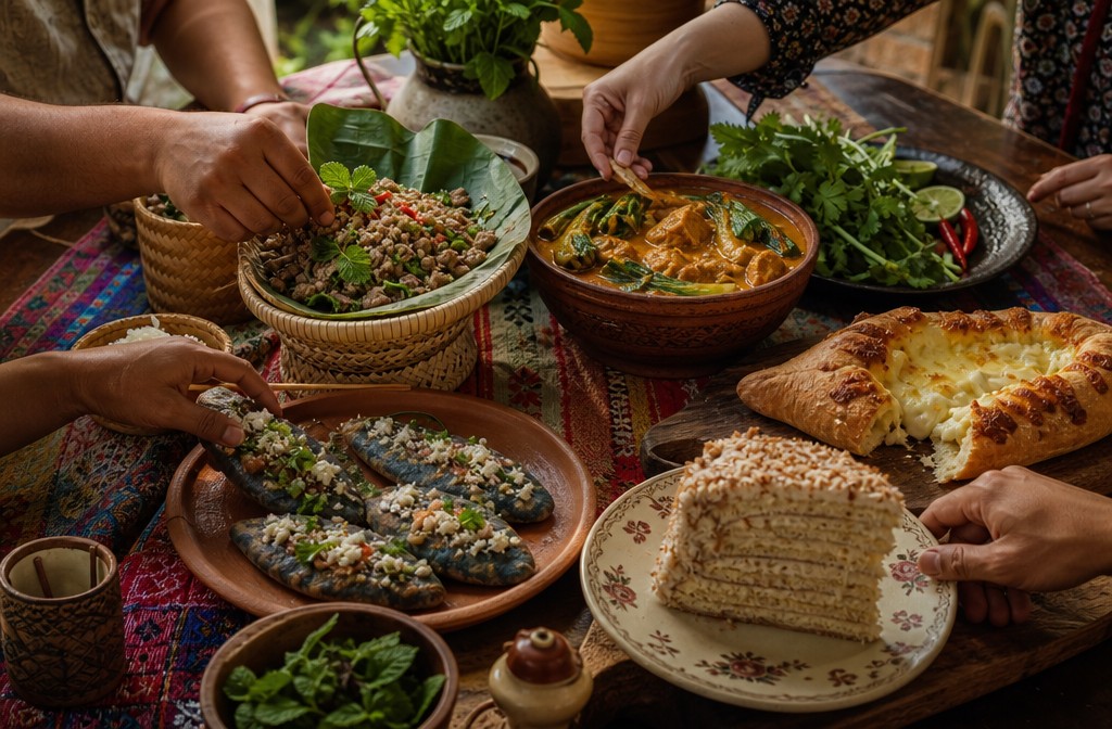 Professional () editorial hero image showing a rustic wooden kitchen table covered with vibrant, lesser-known regional