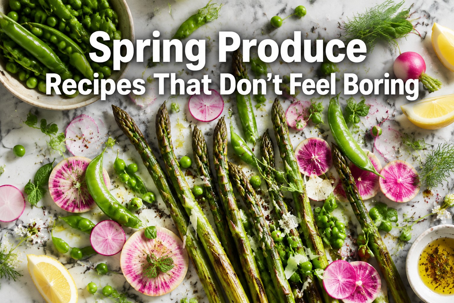 Professional () hero image featuring 'Spring Produce Recipes That Don't Feel Boring' in extra large white with subtle ,
