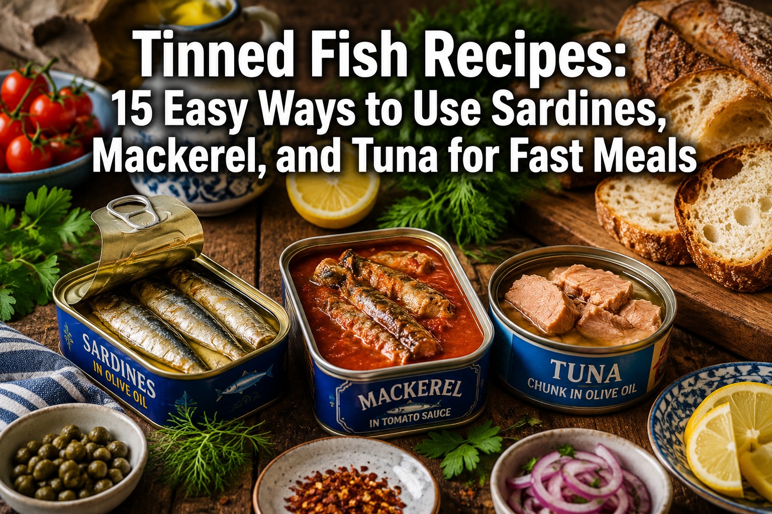 Professional () hero image featuring 'Tinned Fish Recipes: 15 Easy Ways to Use Sardines, Mackerel, and Tuna for Fast Meals'
