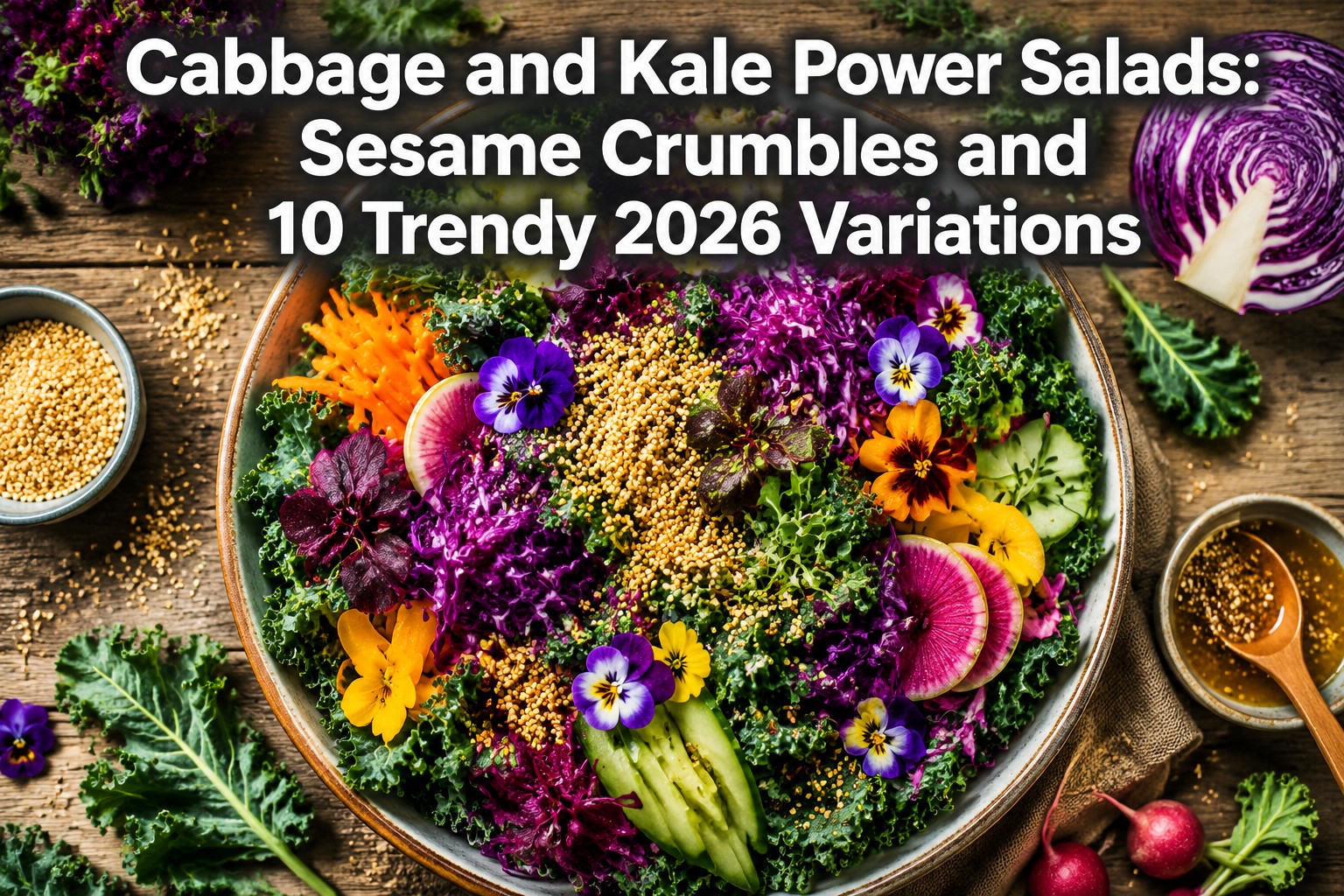 Professional () hero image with 'Cabbage and Kale Power Salads: Sesame Crumbles and 10 Trendy 2026 Variations' in extra