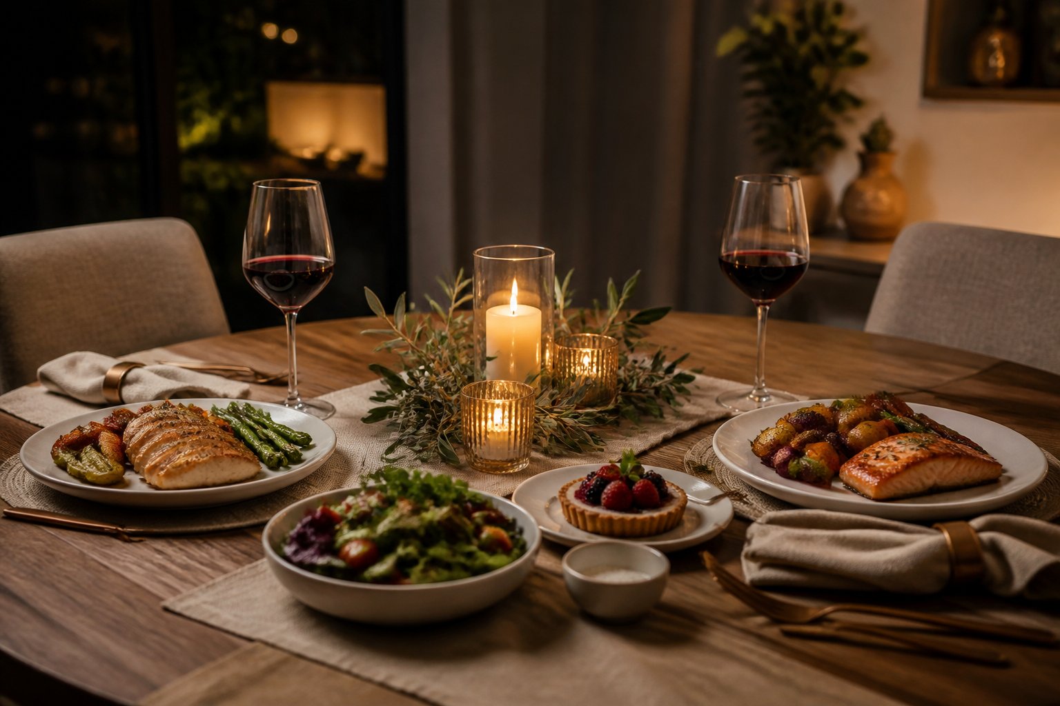 A warmly lit table set for two with a plated meal, wine glasses, candles, and a small dessert.