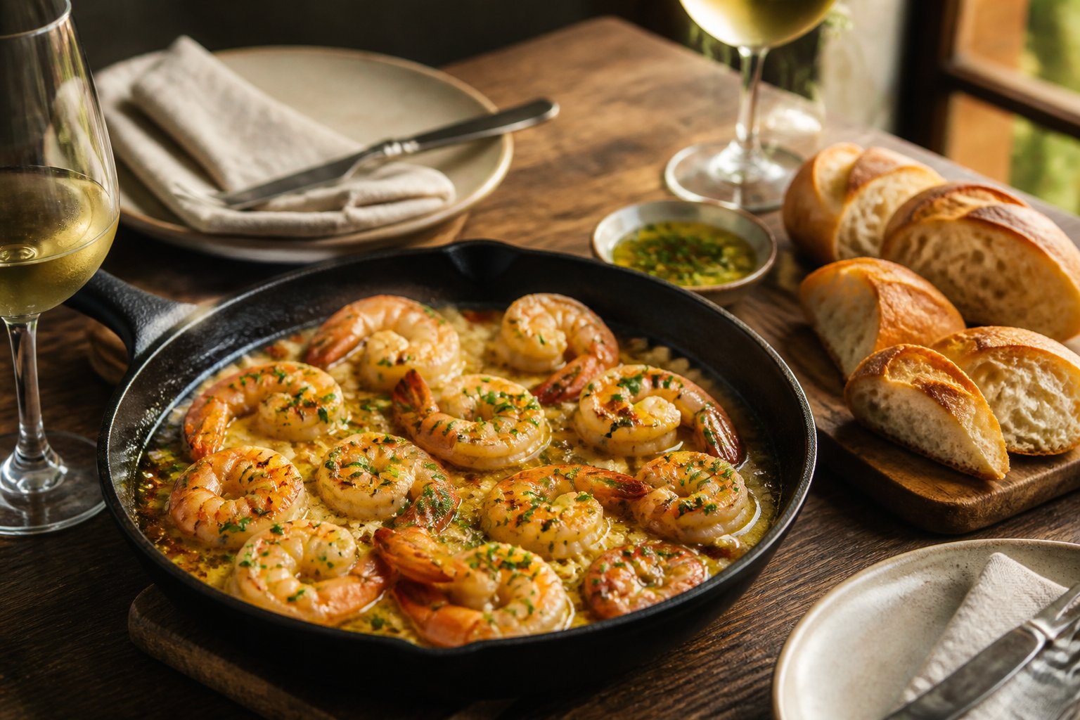 A skillet of garlic butter shrimp with crusty bread on a table set for two.