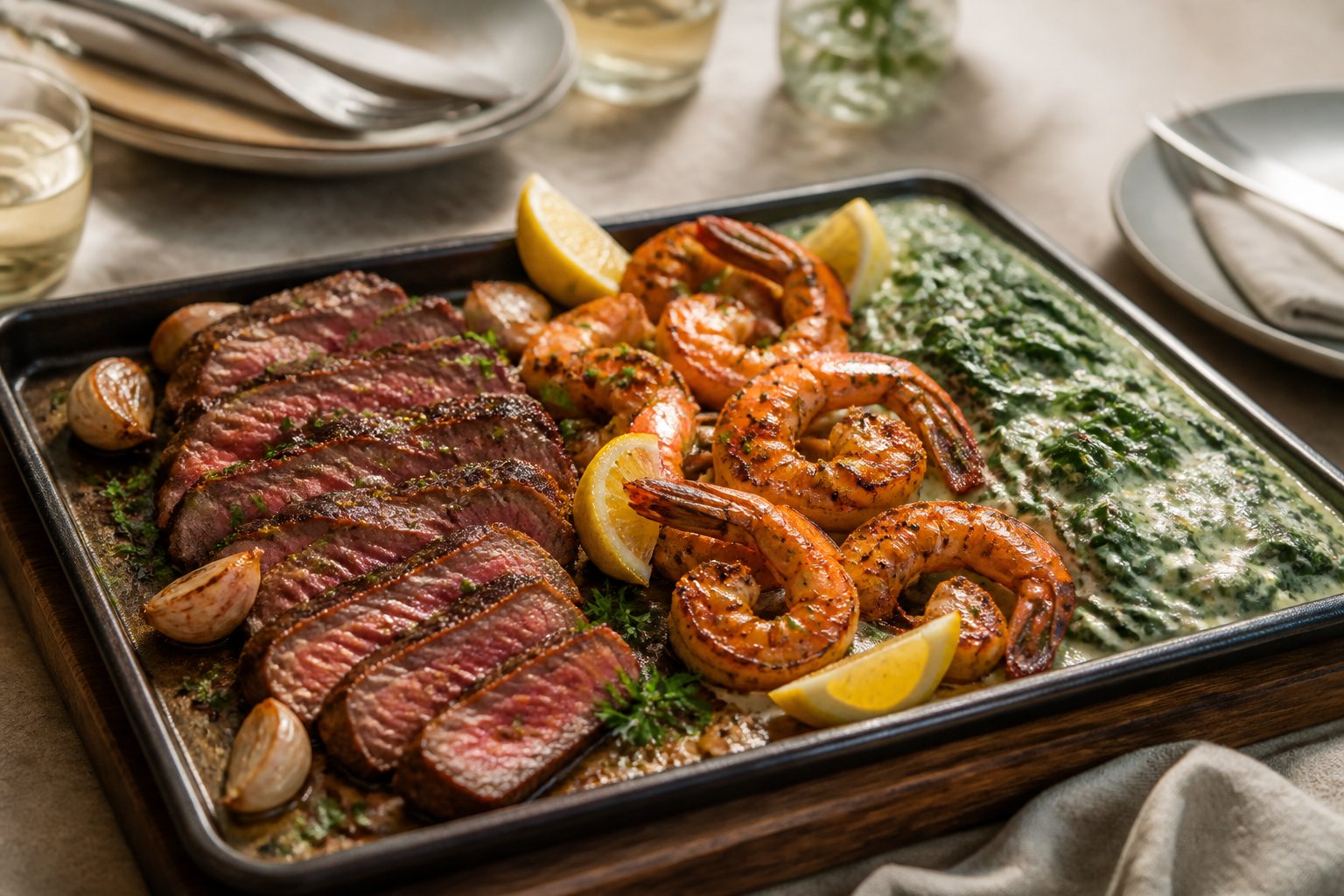 A sheet-pan dinner for two with sliced steak, roasted prawns, and creamy spinach.