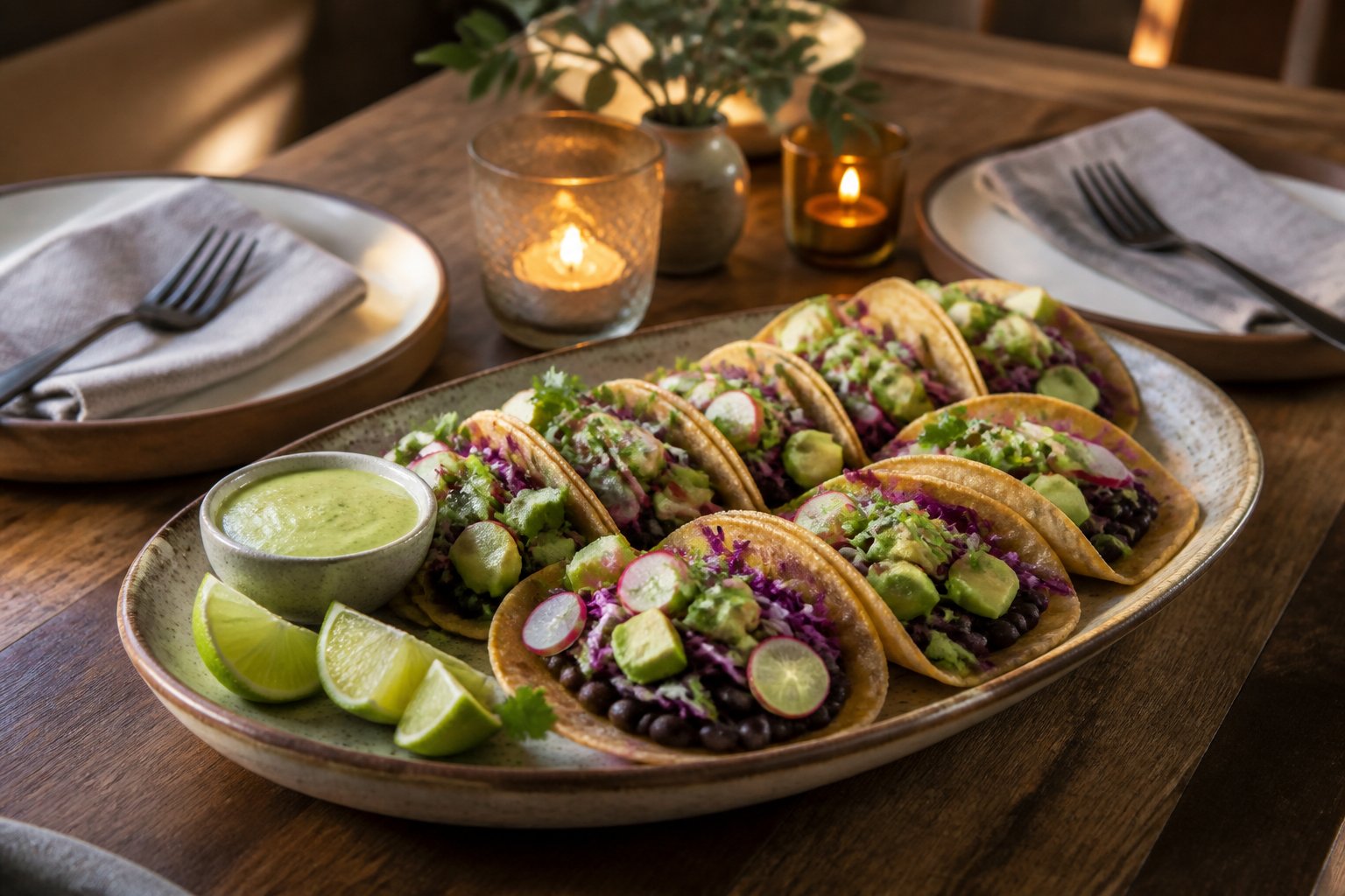 A platter of black bean tacos with avocado, cabbage, cilantro, lime wedges, and lime crema set for two.