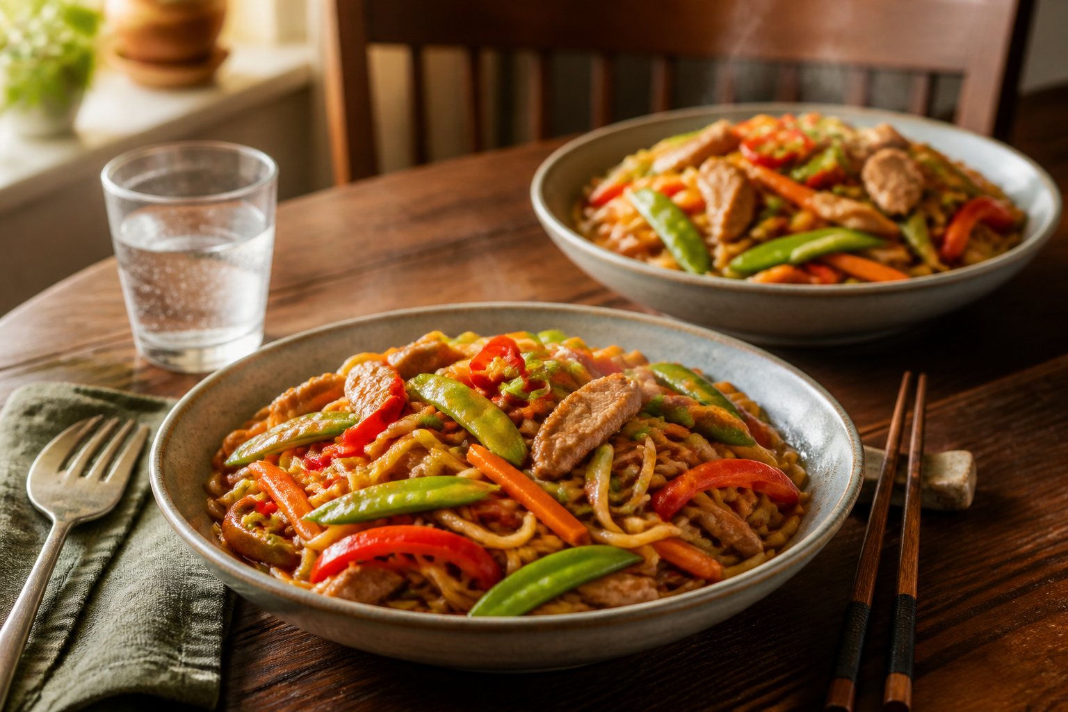Two bowls of spicy turkey stir-fry with noodles and colorful vegetables on a dining table.