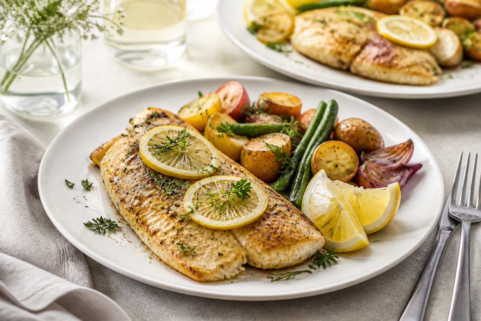 Two seasoned tilapia fillets with lemon slices and fresh herbs served on a plate with vegetables.