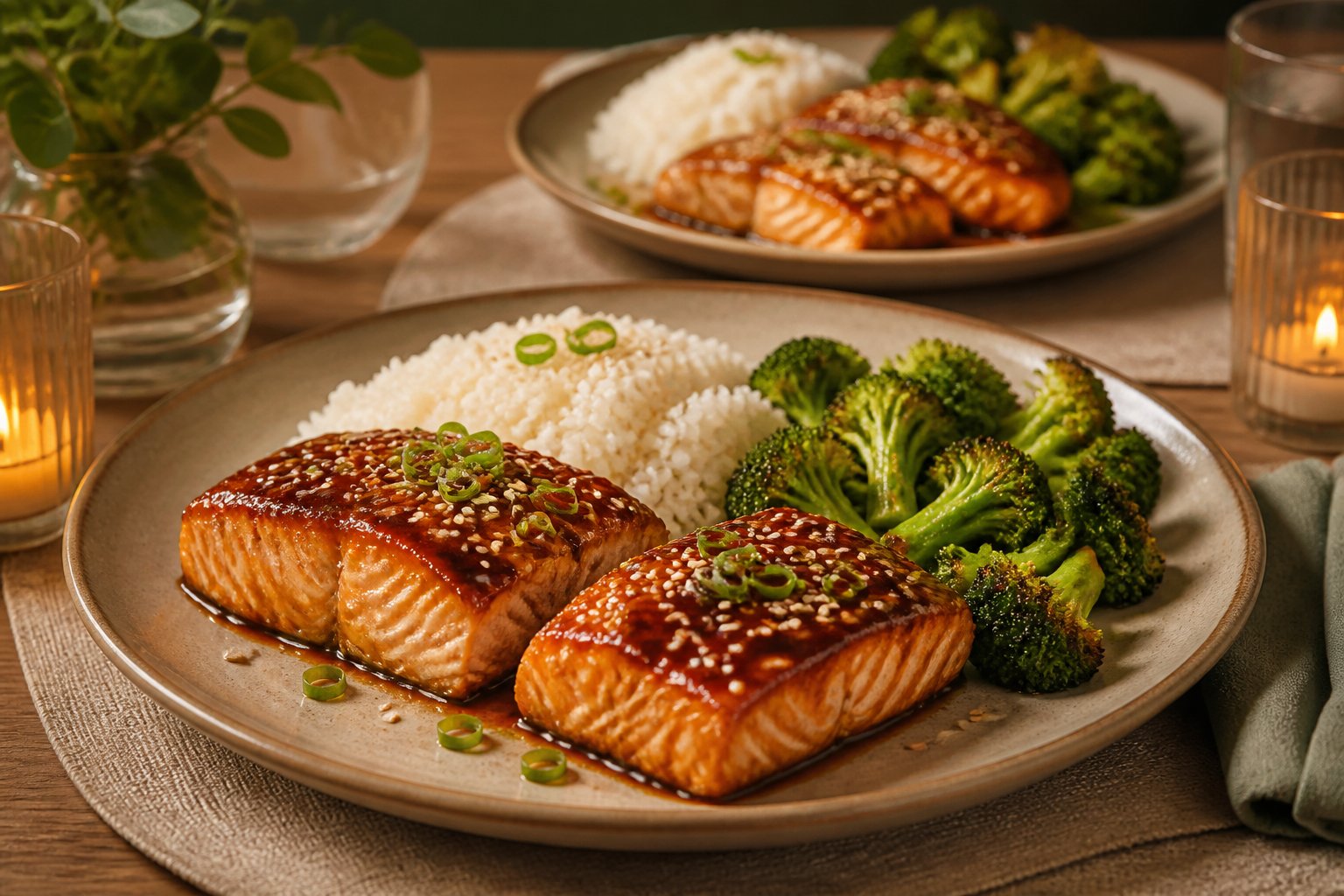 Two glazed teriyaki salmon fillets topped with sesame seeds and scallions, served with rice and vegetables on a dinner table.