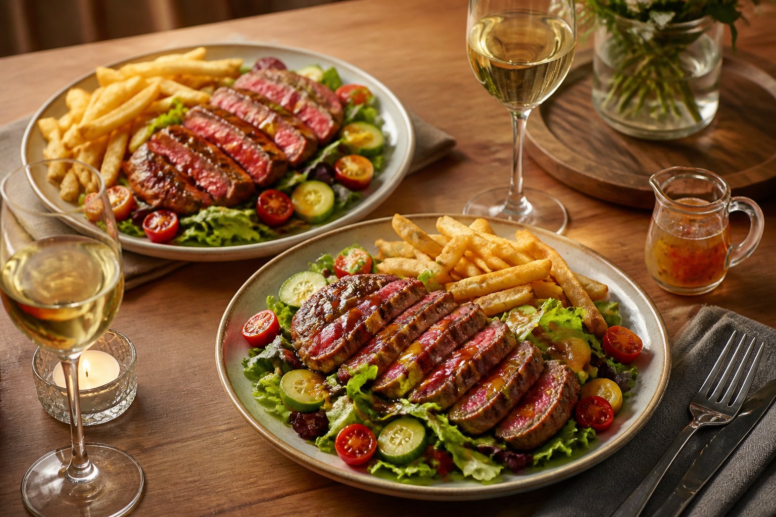 Two plates of sliced steak and fries salad with vegetables and sweet-and-sour dressing on a dining table.