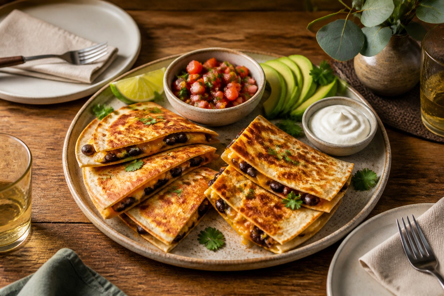 Two servings of crispy black bean and cheese quesadillas with salsa, sour cream, avocado, and lime on a wooden table.