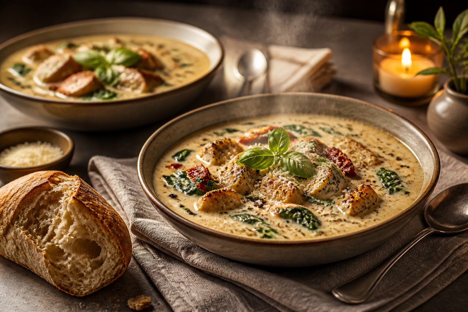 Two bowls of creamy chicken and spinach soup are served on a warmly lit table for two.