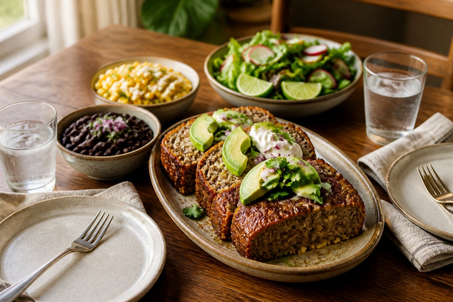 A Mexican-inspired meatloaf dinner for two with avocado, sour cream, beans, corn, and salad on a wooden table.