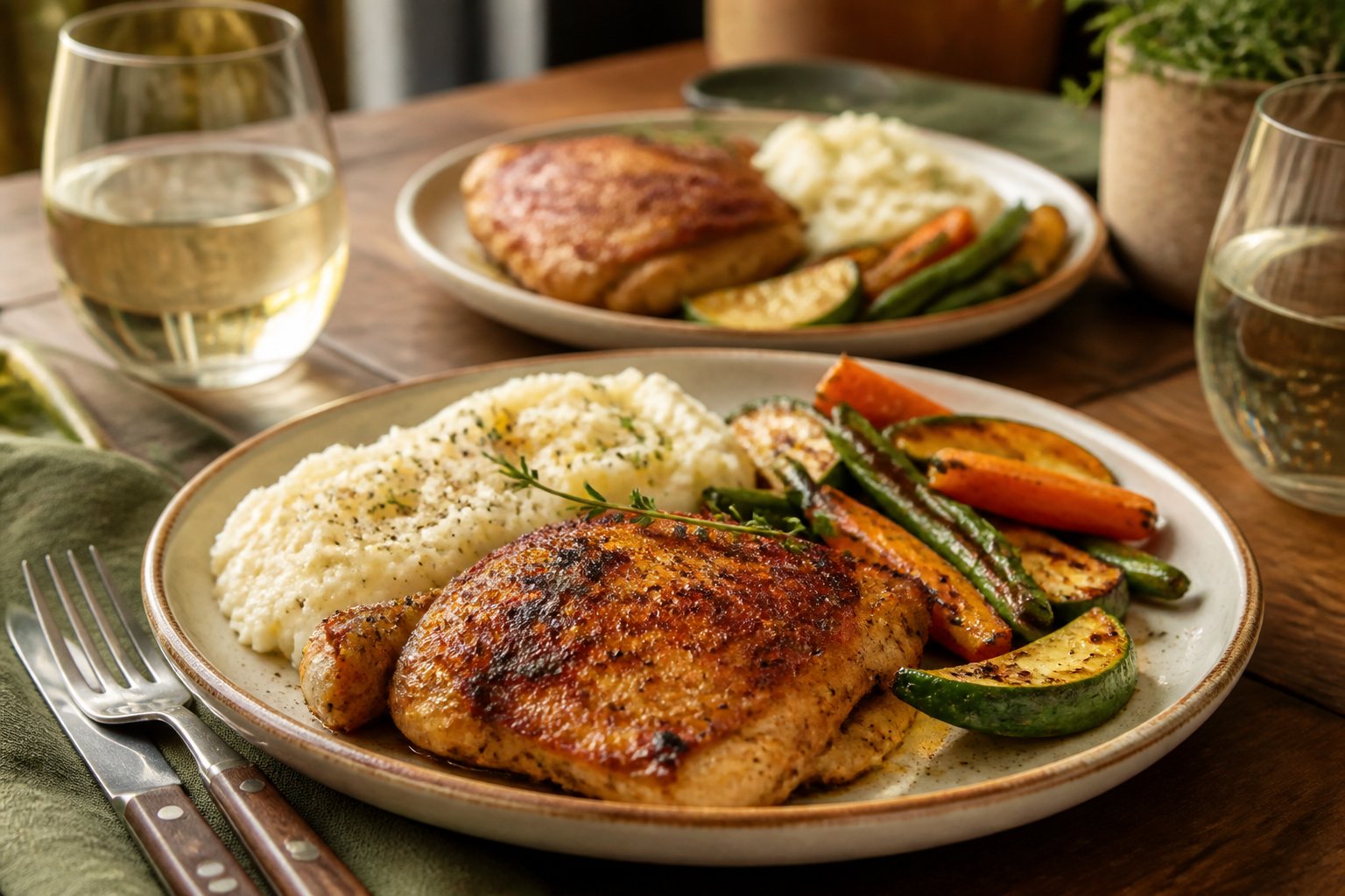 Two plates of smoky pan-fried chicken thighs with vegetables and a side dish on a dining table.