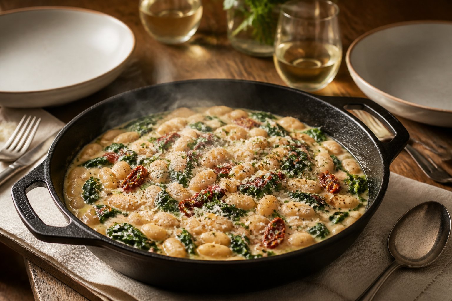 A creamy white bean skillet with spinach and sun-dried tomatoes served for two at a dining table.