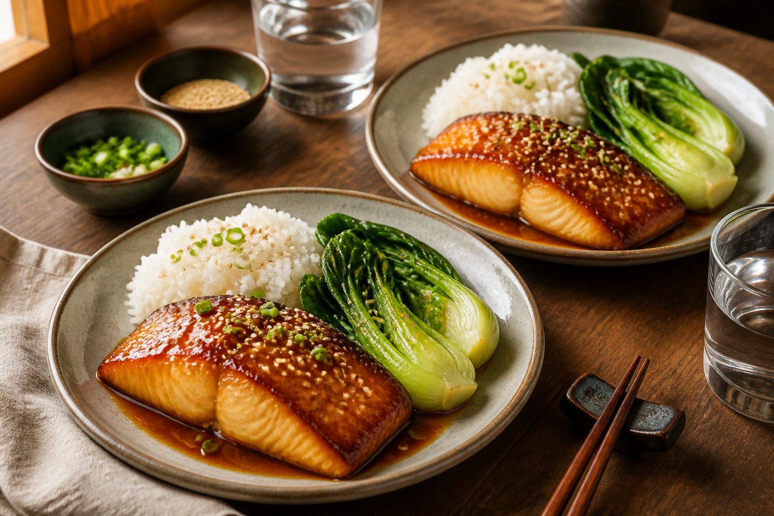 Two plated servings of miso-glazed cod with rice and bok choy on a dining table.