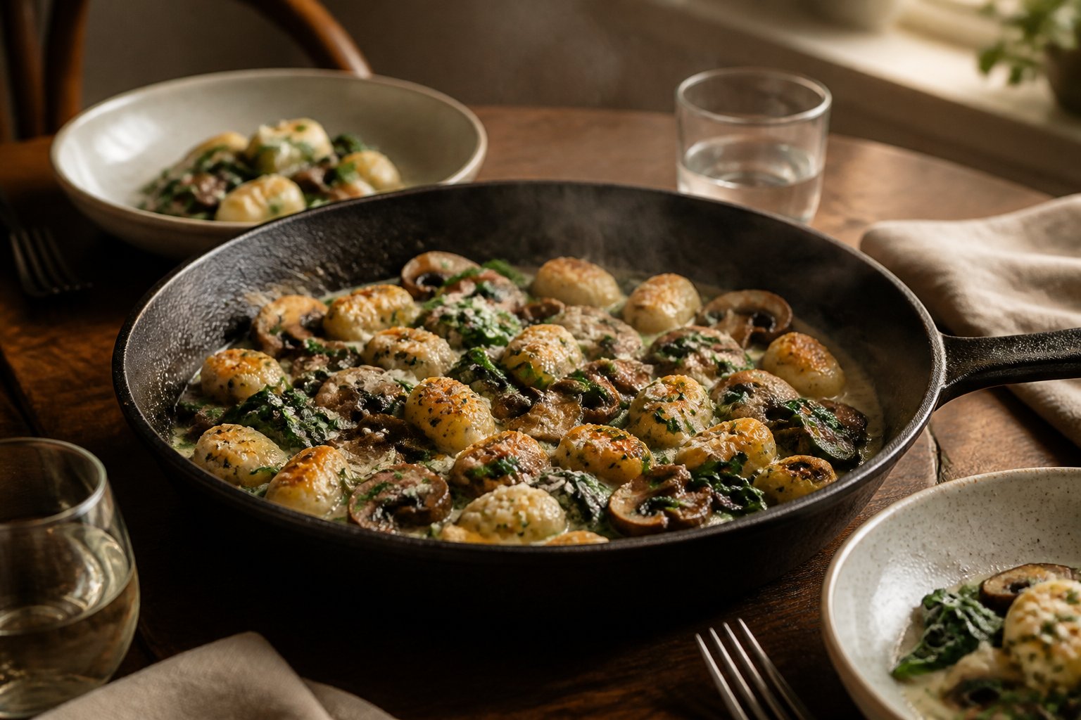 A skillet of creamy mushroom and spinach gnocchi served on a table for two.