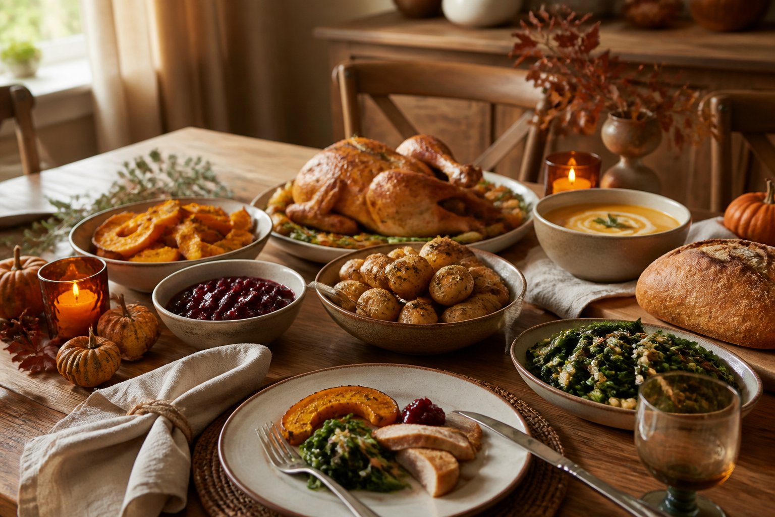 A warmly lit table set with a seasonal autumn dinner of roasted vegetables, chicken, soup, bread, and fall decorations.