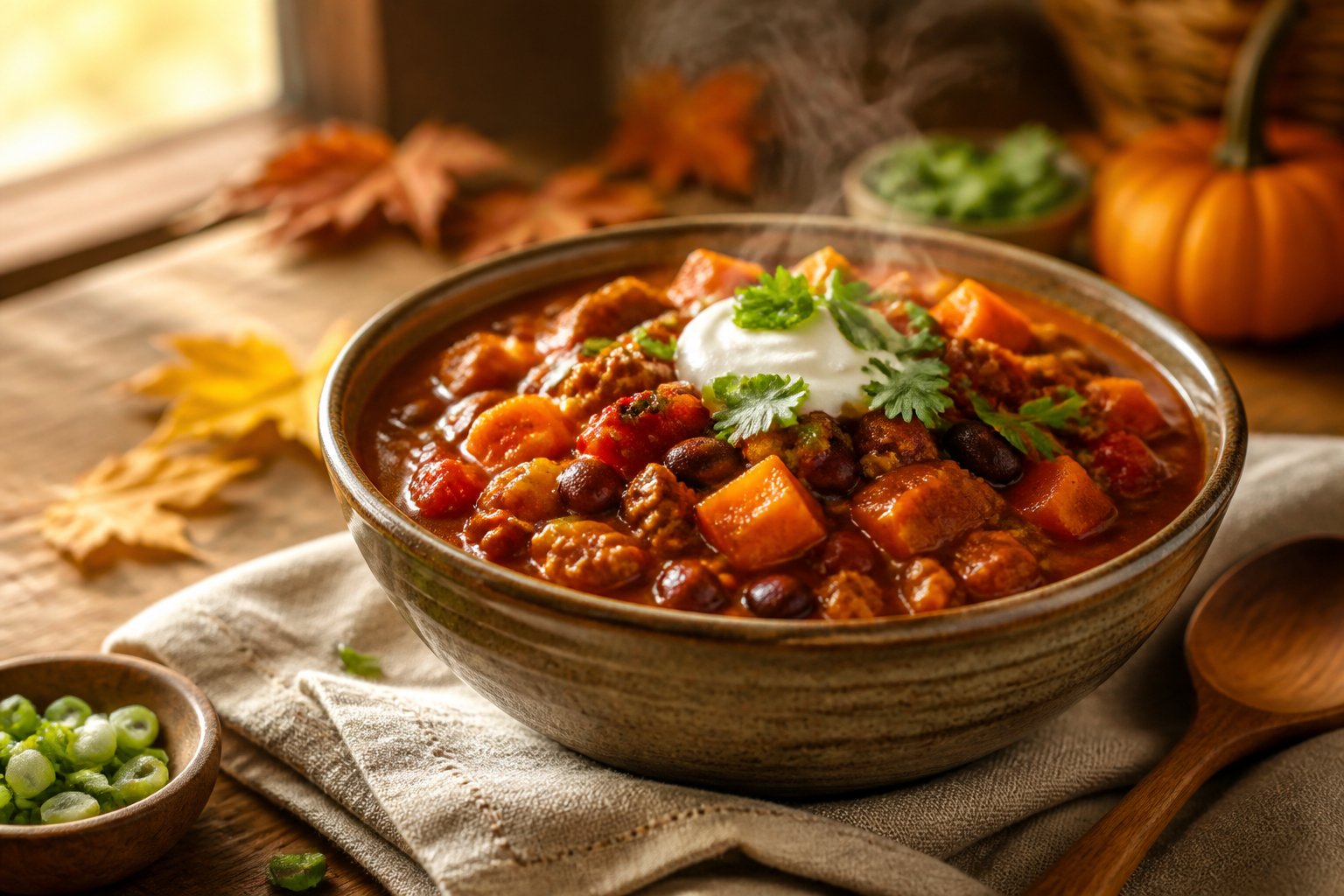 A bowl of sweet potato turkey chili with beans and vegetables on a warm autumn table.