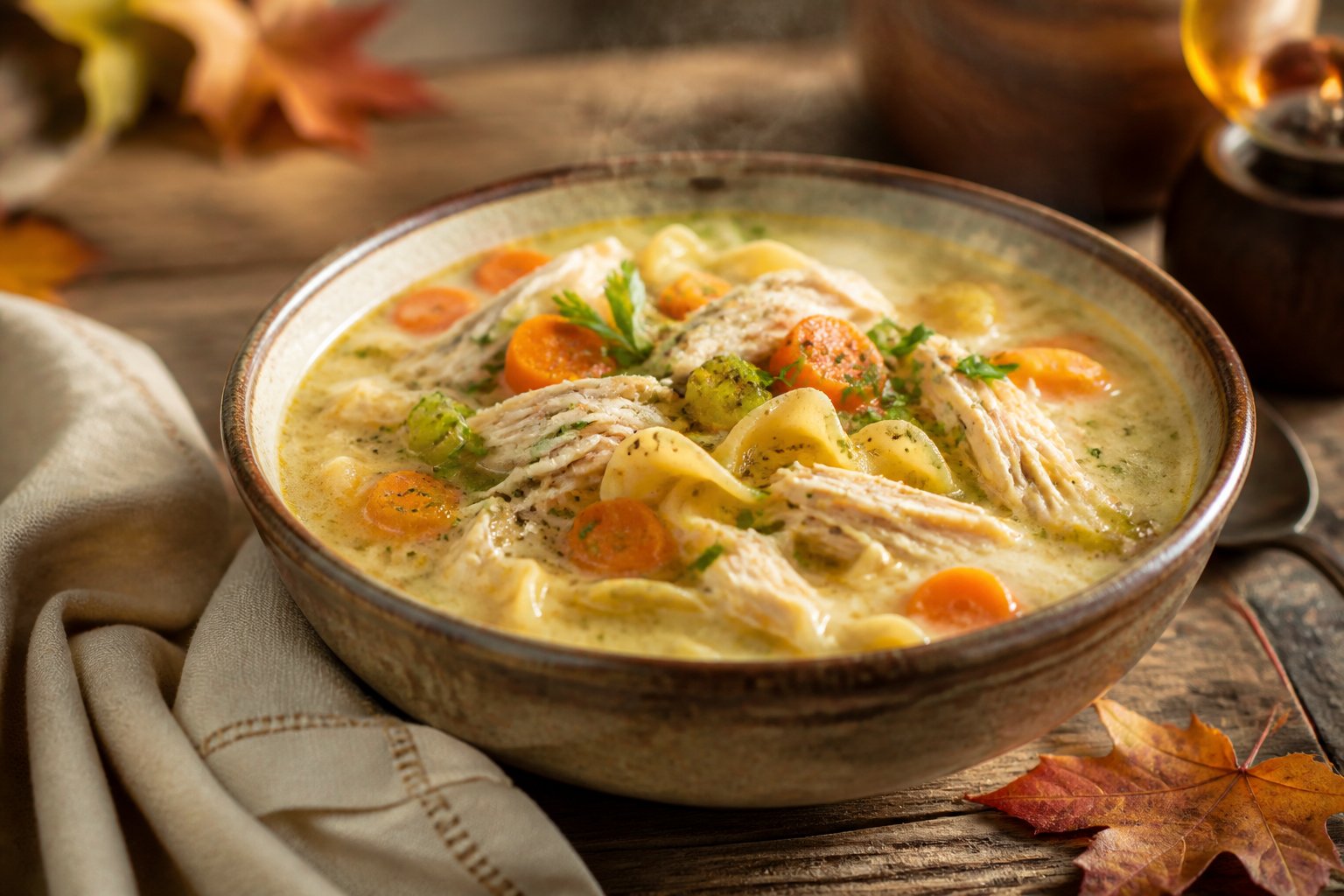 A bowl of creamy chicken noodle soup with vegetables and herbs on a warm wooden table.