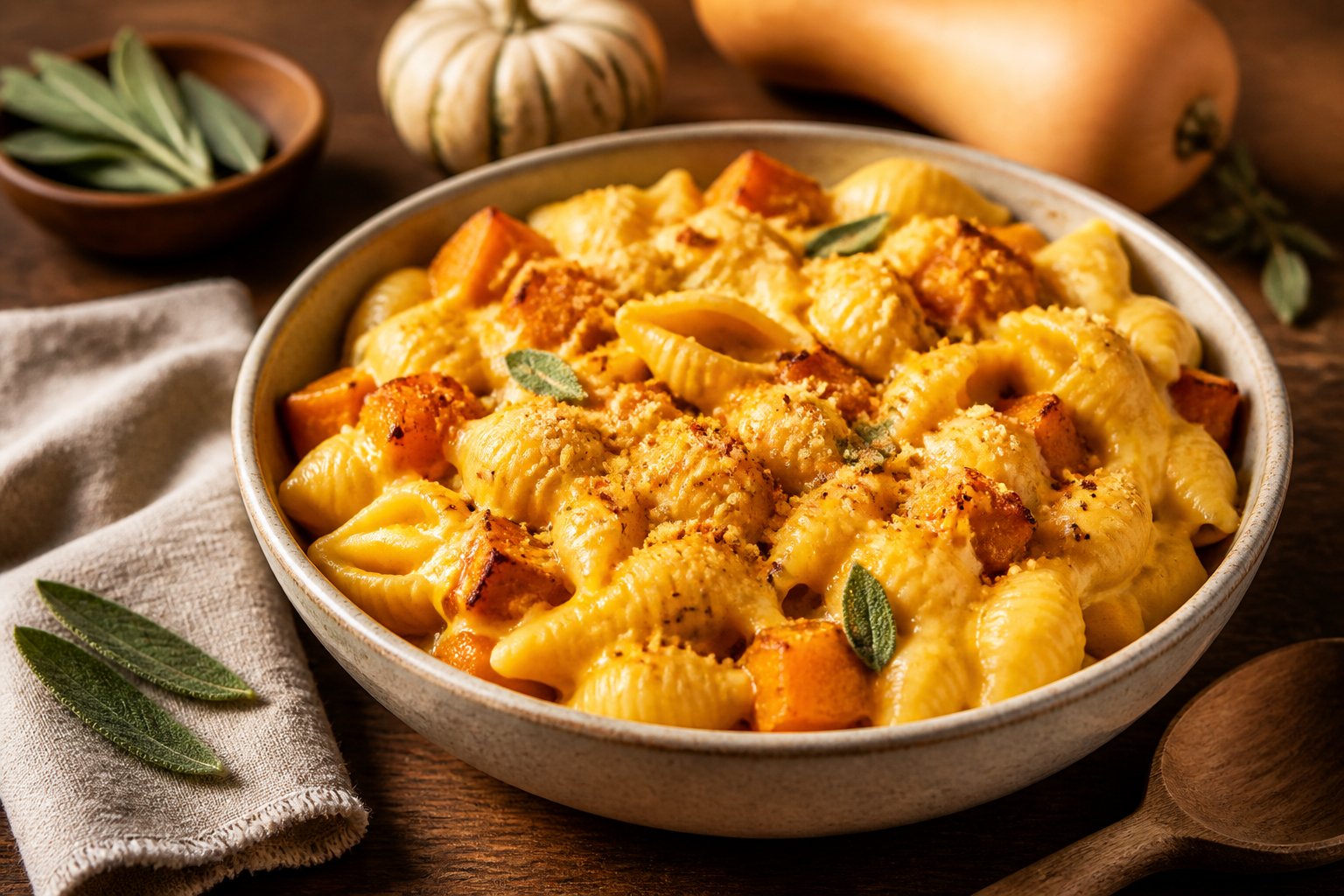 A bowl of creamy butternut squash macaroni and cheese on a wooden table with autumn accents.